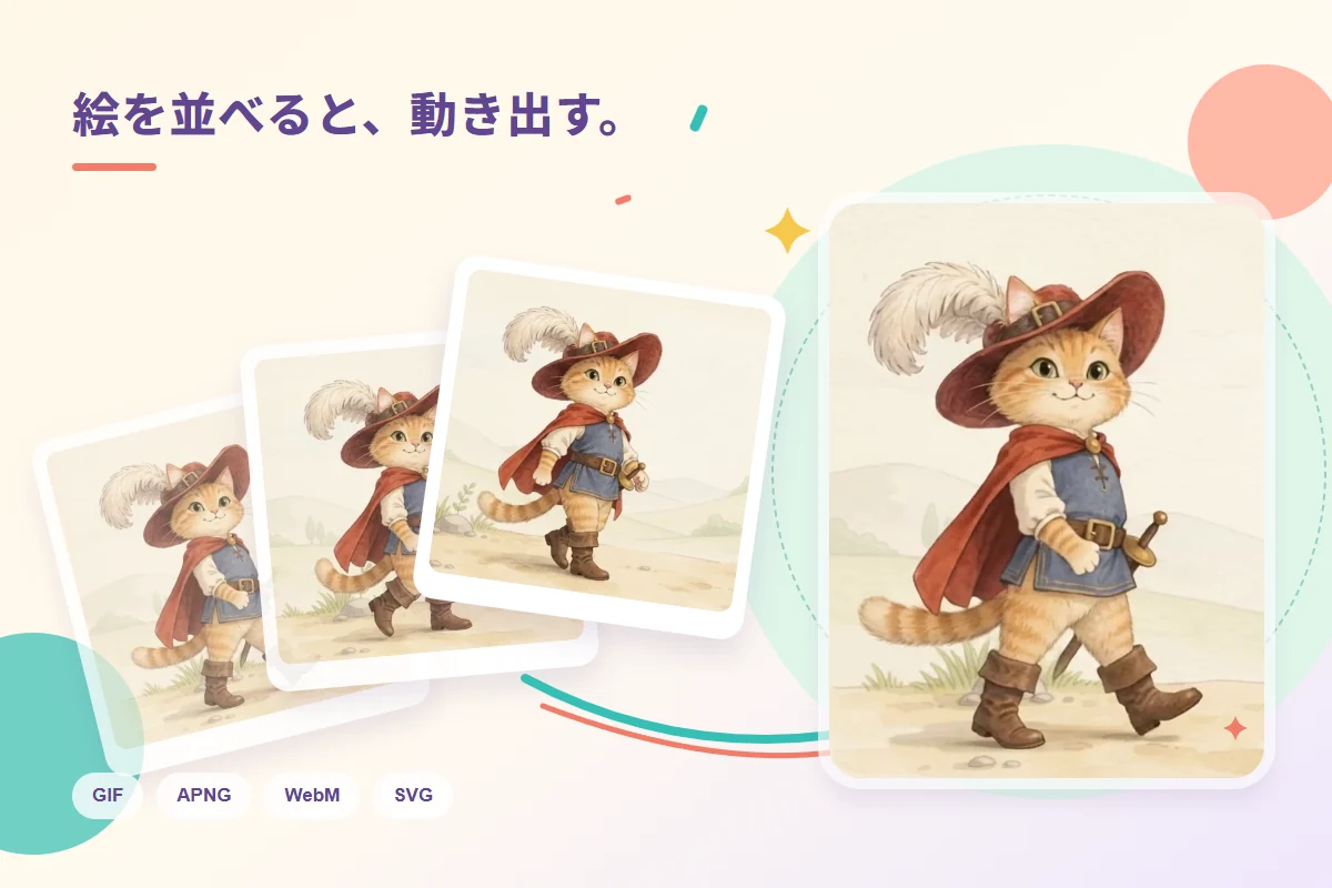 少しずつポーズの違う猫剣士の静止画を並べ、歩くループアニメを作るイメージ