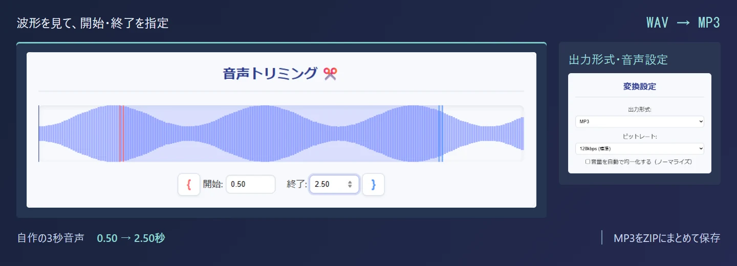 実アプリの音声波形と開始・終了位置、出力形式の選択、WAVからMP3へ変換する流れ