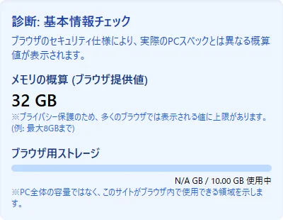 メモリ概算とこのサイトのブラウザ用ストレージを表示する実際の画面