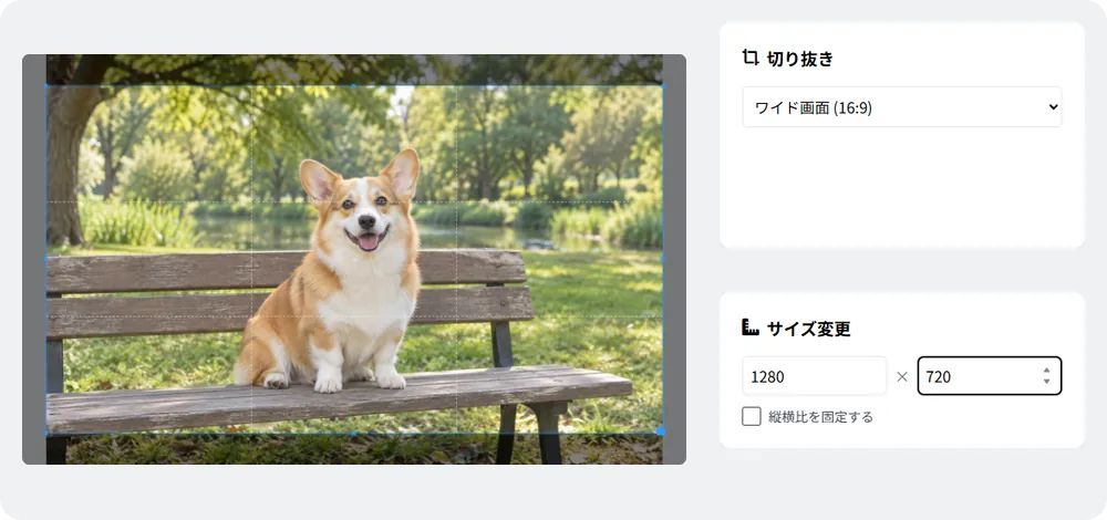 写真の範囲選択と、切り抜きの比率・出力する幅と高さを指定する実際の編集パネル