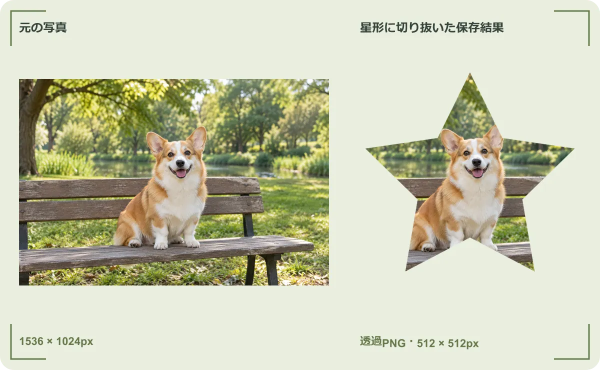 元のペット写真と、同じ写真を実アプリで星形に切り抜いた保存結果