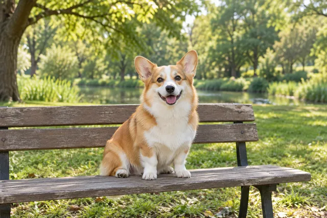 作例の元画像、公園のベンチに座る犬の写真