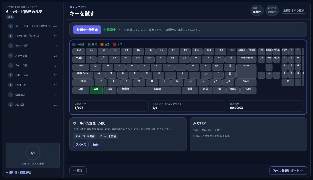 キーボード配列とホールド・入力ログの監視画面