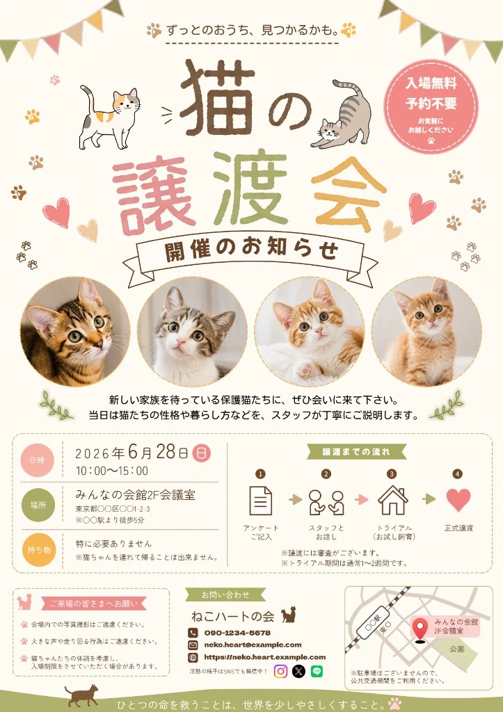 ぷちパス工房の同梱サンプル：猫の譲渡会のお知らせ