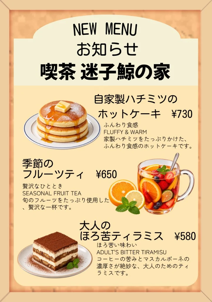 ぷちパス工房の同梱サンプル：A5スタンドメニュー