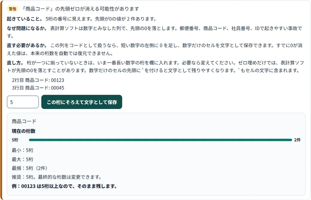 先頭の0がある商品コード2件の警告と修正の説明