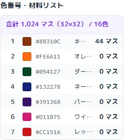 猫のビーズ図案で使用する色番号と必要マス数の材料リスト