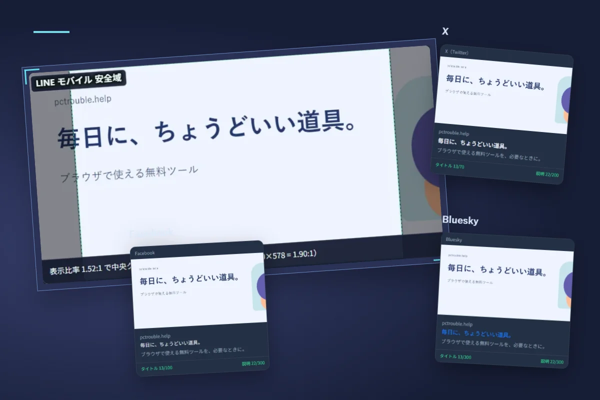 OGP画像の安全領域と、X・Facebook・Blueskyの近似カードを見比べる例