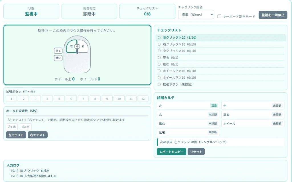 監視開始直後の画面。左クリックが1回検出されチェックリストが進行中