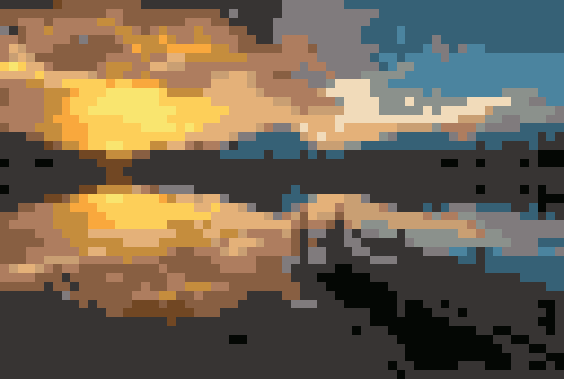 写真をドット絵に変換した例（夕暮れの湖）