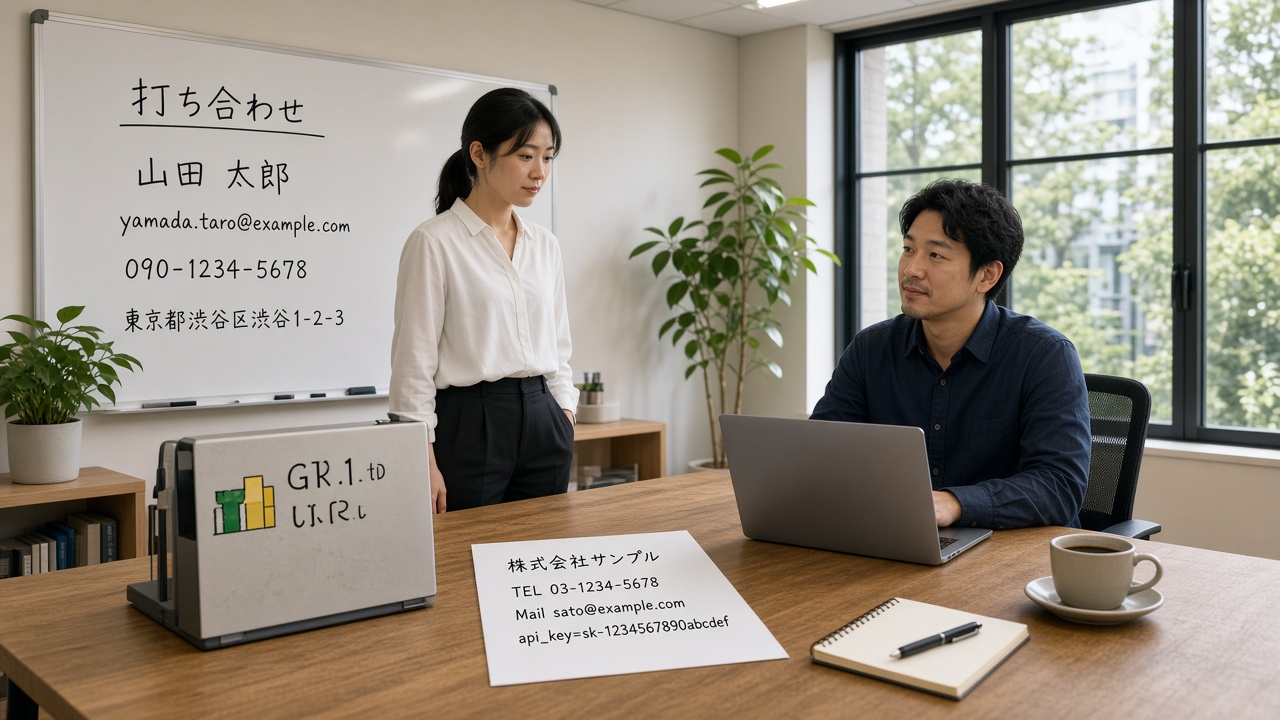 オフィスの写真。ホワイトボードと机の上に連絡先が写っている見本